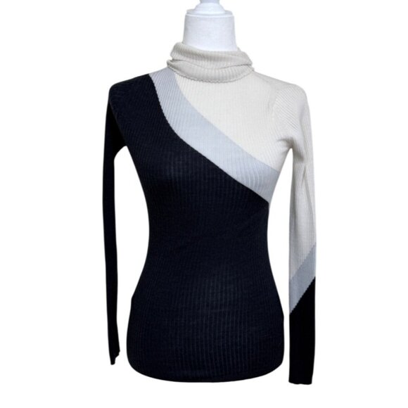John Smedley Ribbed Turtleneck Sweater Wool Black Gray Cream England Size XS - Picture 1 of 8